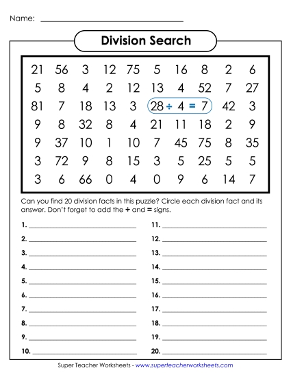 Division Number Search Worksheet