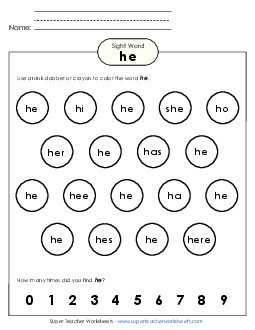 Dab or Color: He Sight Words Individual Worksheet