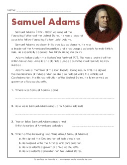 Samuel Adams 3rd Grade Reading Comprehension Reading Comp Short Worksheet