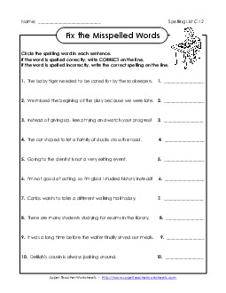 Correct or Incorrect (C-12) Free Spelling C Worksheet