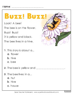 Buzz! Buzz! Free Kindergarten Reading Comprehension Reading Comp Kindergarten Worksheet