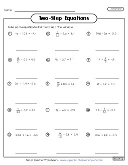 Two-Step Equations Worksheet 2 (Advanced) Worksheet