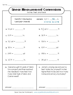 Converting Inches, Feet, and Yards (Advanced) Measurement Worksheet