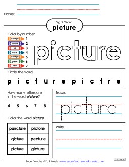 Worksheet 4: Picture Sight Words Individual Worksheet