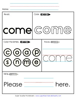 Worksheet 1: Come Sight Words Individual Worksheet