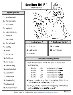 Spelling Word List (F-1) Free Spelling F Worksheet