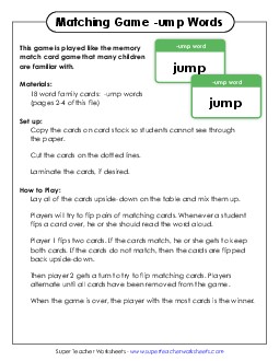 Memory Match Game (-ump) Word Families Worksheet