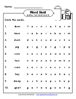 Horizontal Word Hunt (A-Farm Words) Spelling A Worksheet