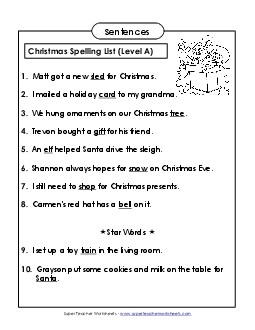 Spelling Test Sentences (A-Christmas)  Spelling A Worksheet