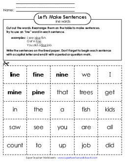 Make Sentences: Word Cards (-ine) Word Families Worksheet