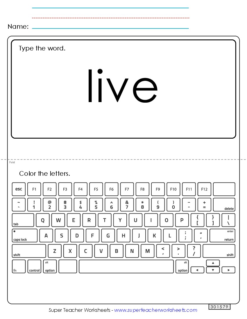 Type the Word: Live Sight Words Individual Worksheet