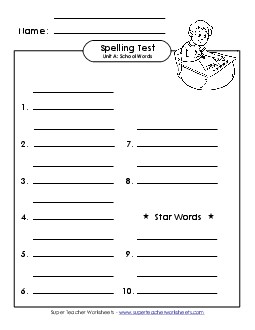 Spelling Test (A-School Words)  Spelling A Worksheet