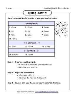 Typing Activity (B-Thanksgiving) Spelling B Worksheet