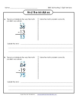 Find the Mistakes Subtraction Worksheet