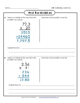 Find the Mistake: Multiplying Decimals by 2-Digit Numbers Worksheet