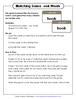 Memory Match Game (-ook) Word Families Worksheet