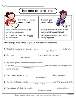 Prefixes Re- and Pre- Prefixes Suffixes Worksheet