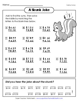 A Skunk Joke (Adding Money) Addition Worksheet