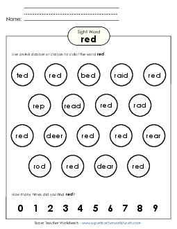 Dab or Color: Red Sight Words Individual Worksheet