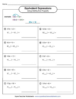 Find Equivalent Expressions Using Distributive Property (Basic) Expressions Equivalent Worksheet