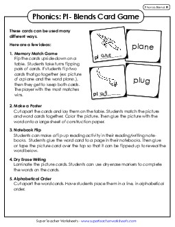 Phonics Card Game (Pl- Blends) Phonics Blends Worksheet