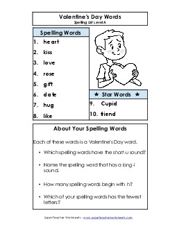 Spelling List (A-Valentine\'s Day)  Spelling A Worksheet