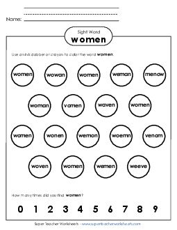 Dab or Color: Women Sight Words Individual Worksheet