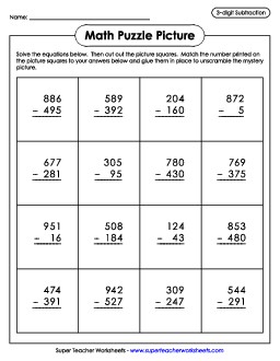 3-Digit Subtraction: Match Puzzle Picture (Santa) Christmas Worksheet