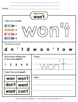 Worksheet 4: Won\'t Free Sight Words Individual Worksheet