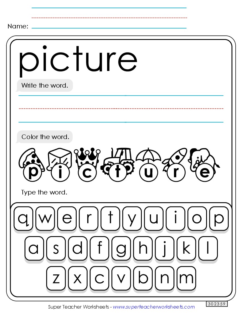 Write, Color, Type: Picture Sight Words Individual Worksheet