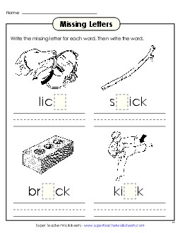 Missing Letters (-ick) Word Families Worksheet