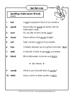 Spelling Test Sentences (A-Halloween)  Spelling A Worksheet