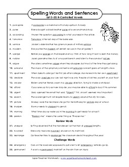 Spelling Test Sentences (D-20) Spelling D Worksheet