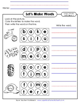 Let\'s Make Words (Word Circles) Long I; Silent E Phonics Silent E Worksheet