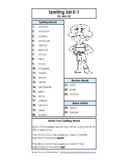 Spelling Word List (E-1) Free Spelling E Worksheet