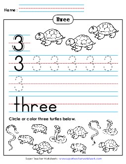 Three: Trace, Print, Count Counting Worksheet