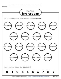 Dab or Color: Ice Cream Sight Words Individual Worksheet