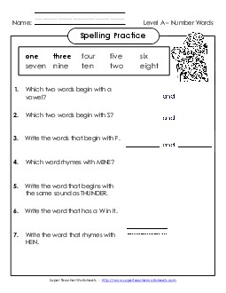 Spelling Practice (A-Number Words) Spelling A Worksheet