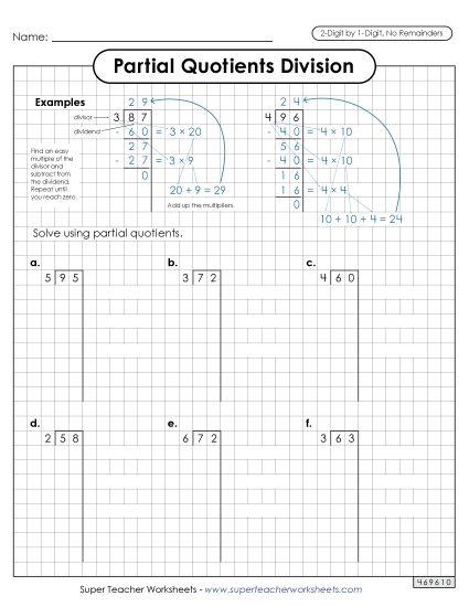 Partial Quotients (Graph Paper) 2-Digit by 1-Digit Division (No Remainders) Worksheet