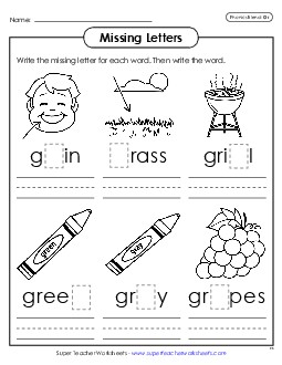 Missing Letters (Gr- Words) Phonics Blends Worksheet