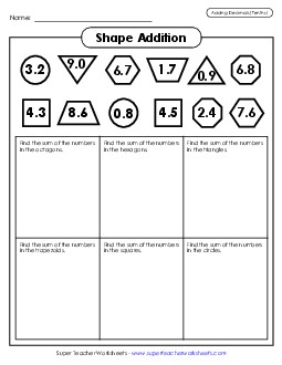 Shape Math (Add Decimals; Tenths) Worksheet