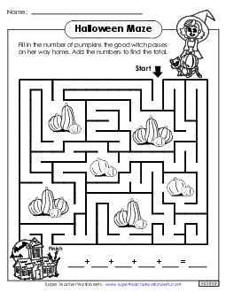 Addition Maze (Intermediate) Halloween Worksheet