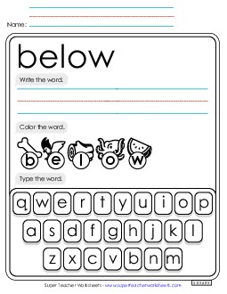 Write, Color, Type: Below Sight Words Individual Worksheet