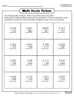 4-Digit Subtraction - Figure Skater Picture Puzzle Winter Worksheet