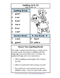 Spelling List A-22 Spelling A Worksheet