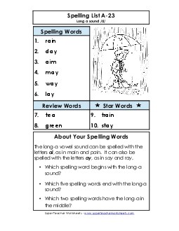 Spelling List A-23 Spelling A Worksheet