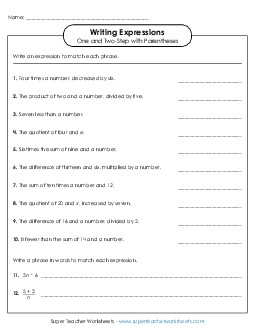 Writing Algebraic Expressions (One & Two-Step w/ Parenthesis) Free Writing Expressions Worksheet