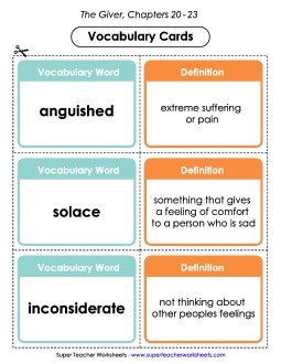 Vocab. Cards for Chapters 20-23 Book The Giver Worksheet