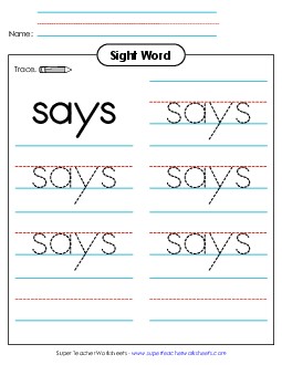 Trace the Word: Says Sight Words Individual Worksheet