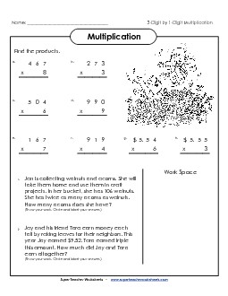 Multiply 3-Digits by 1-Digit Fall Worksheet